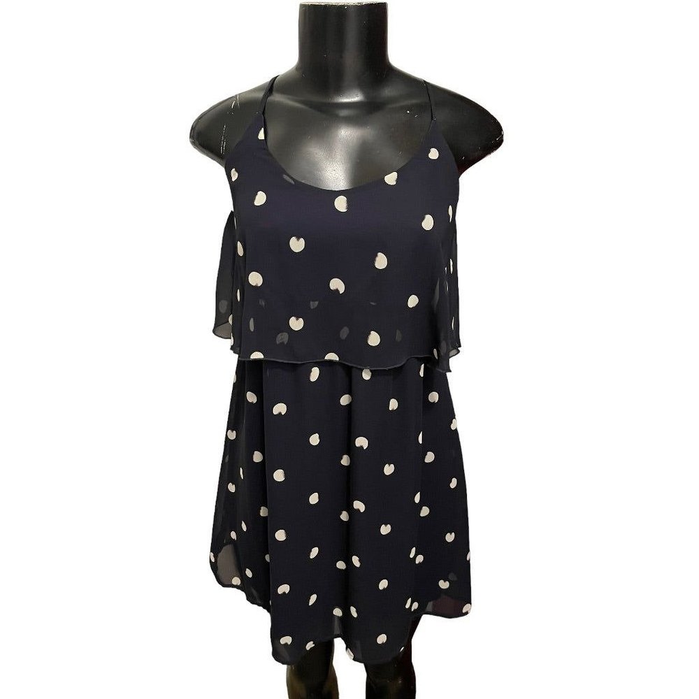 Small Dee Elle Nordstrom Polka Dot Ruffle LIned Spaghetti Strap Dress Navy Blue